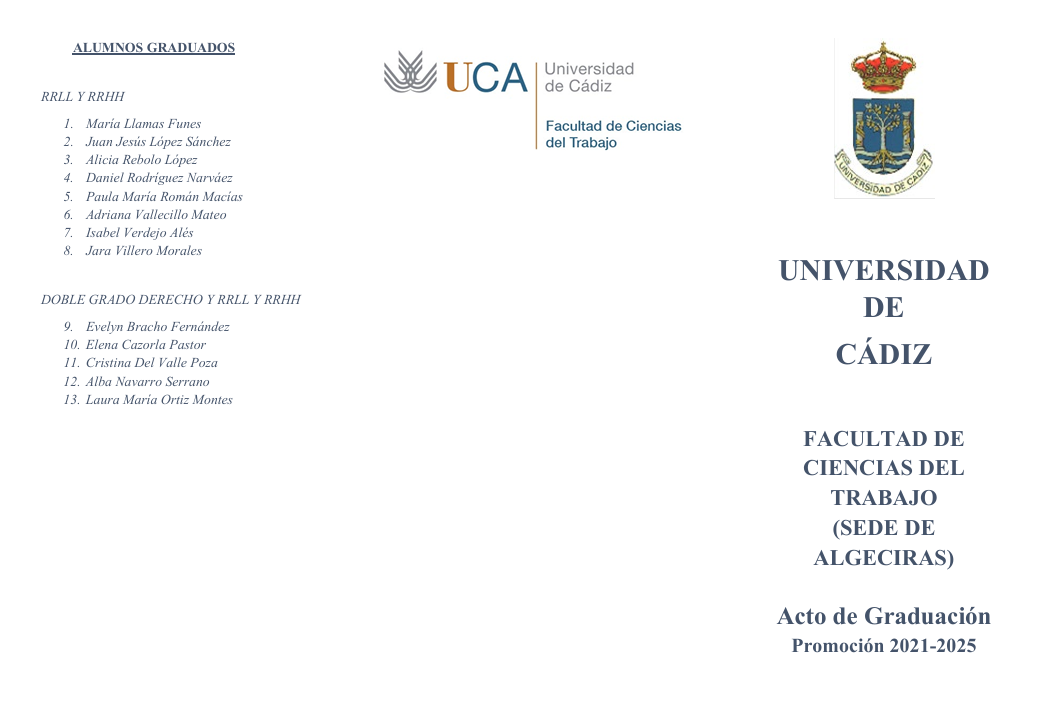 Acto de Graduación del Alumnado del Grado en Relaciones Laborales y Recursos Humanos y del Doble Grado en Derecho y Relaciones Laborales y Recursos Humanos de la Sede de Algeciras. Promoción 2021-25.